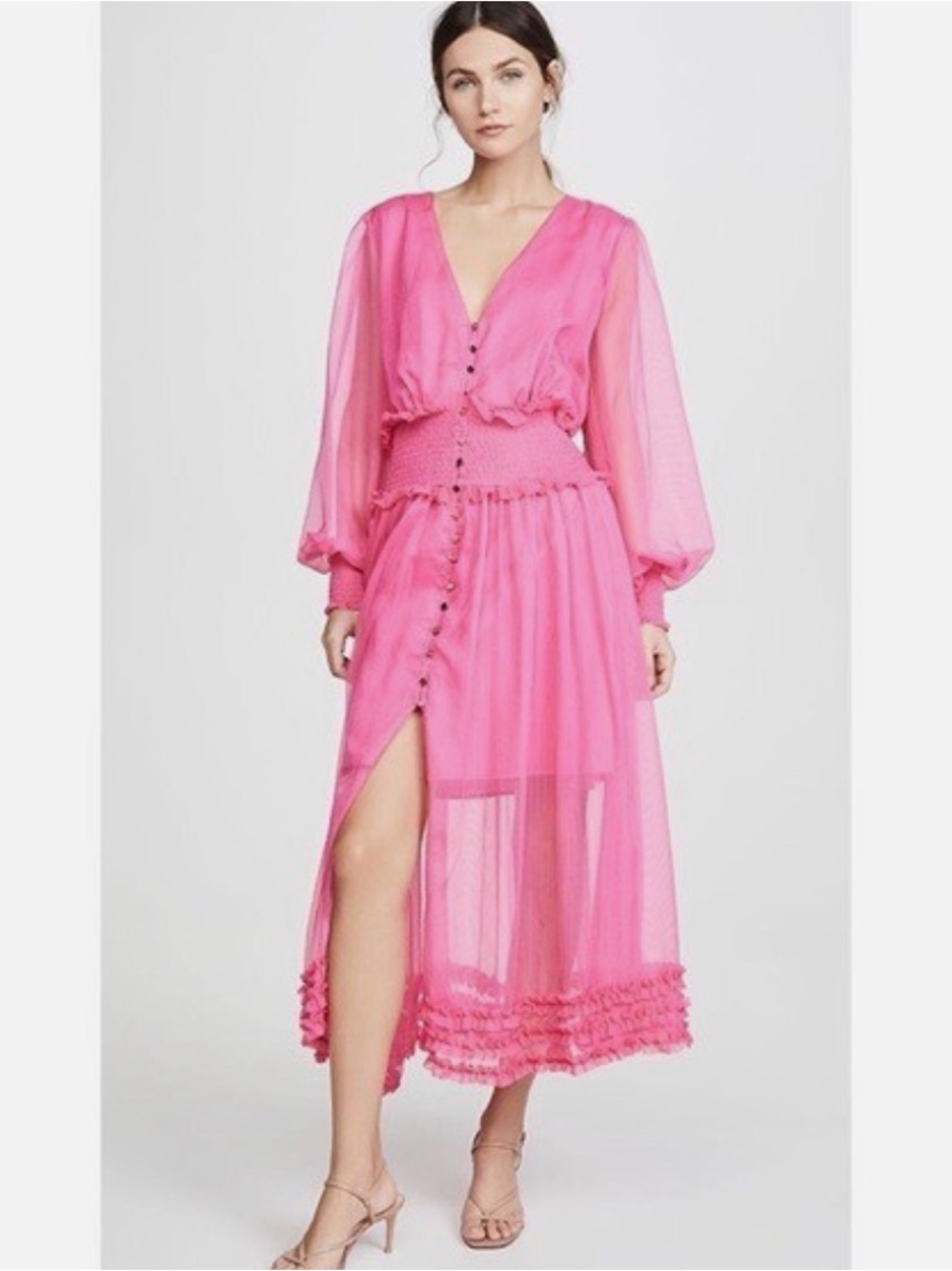 KEEPSAKE the Label Hot Pink Sheer V-Neck Long Sleeve Maxi Dress